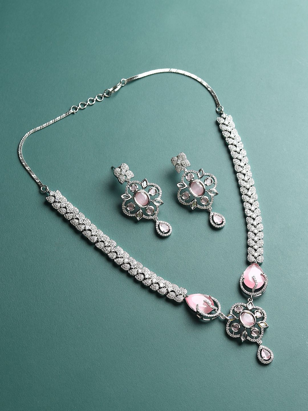 

RHOSYN Rhodium-Plated American Diamond Studded Jewellery Set, Silver