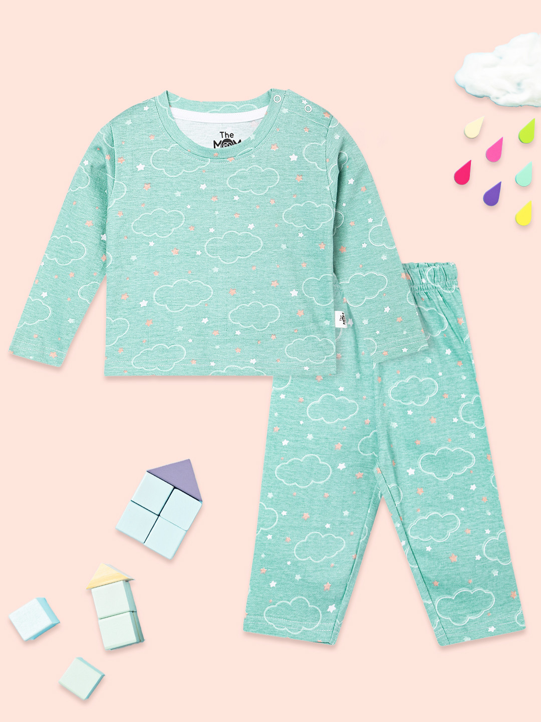 

The Mom Store Kids Printed Pure Cotton Night suit, Sea green
