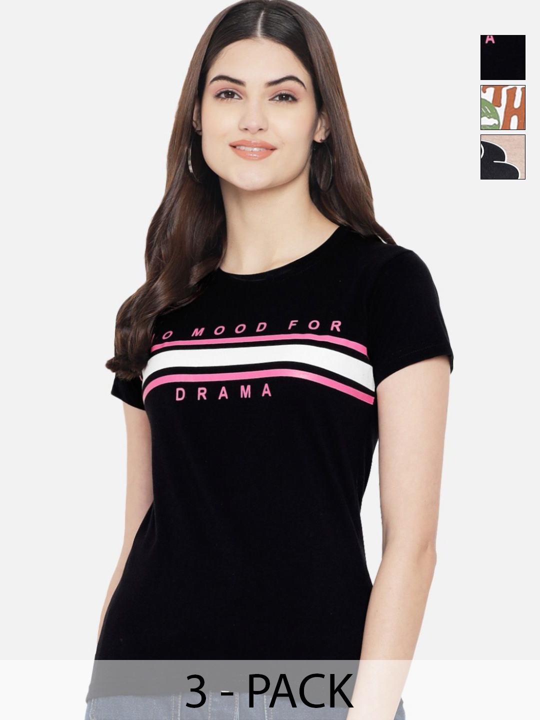 

Dreambe Women Pack Of 3 Typography Printed Round Neck Cotton T-shirts, Black