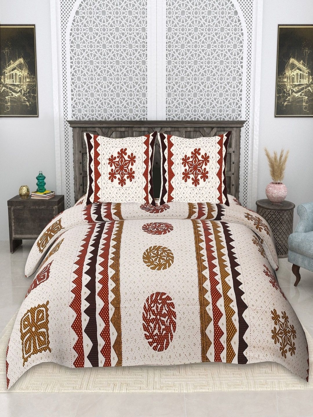 

tundwal's White & Brown Floral 210 TC King Bedsheet with 2 Pillow Covers