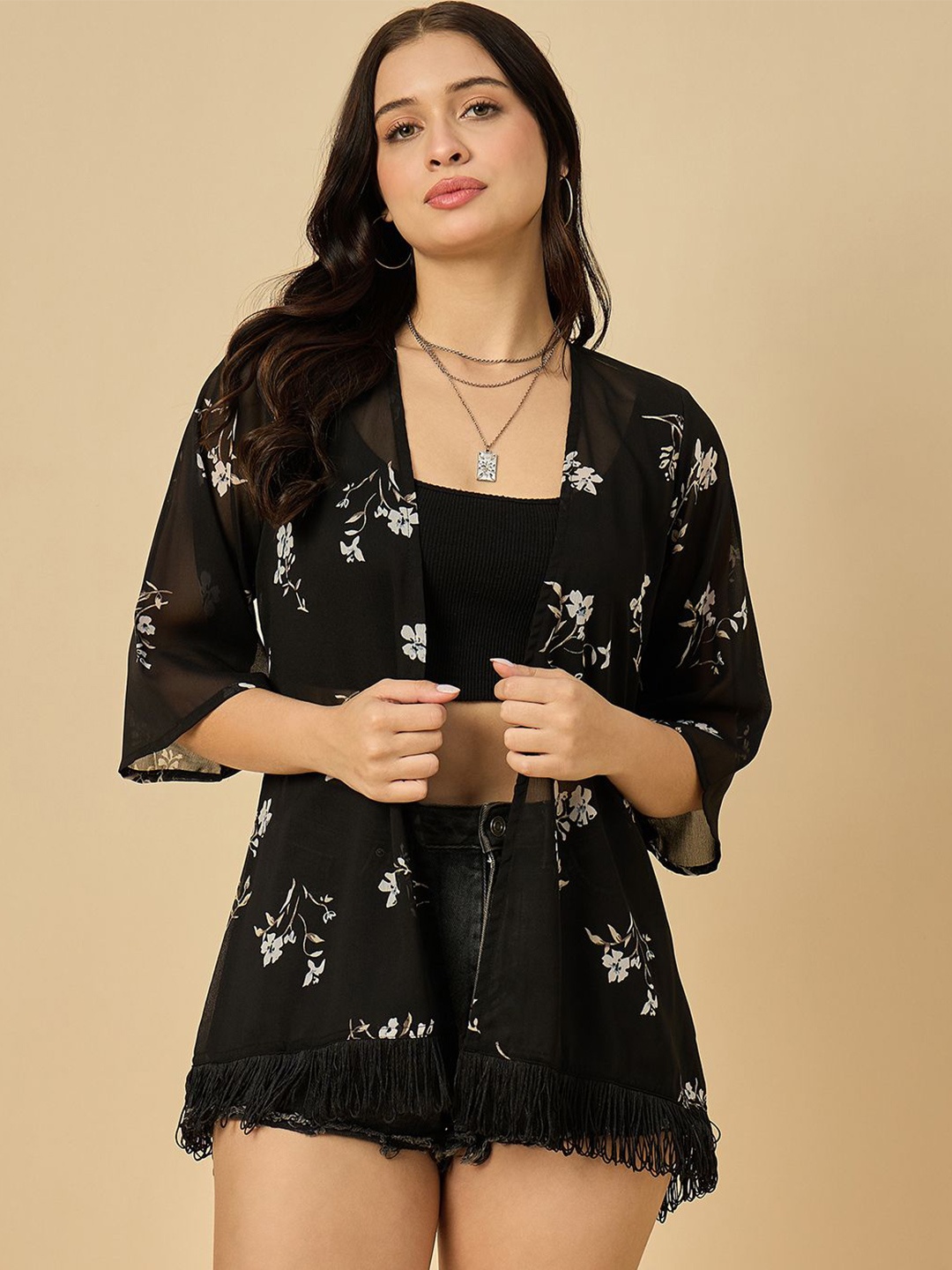 

Azira Floral Printed Tasselled Open Front Georgette Shrug, Black