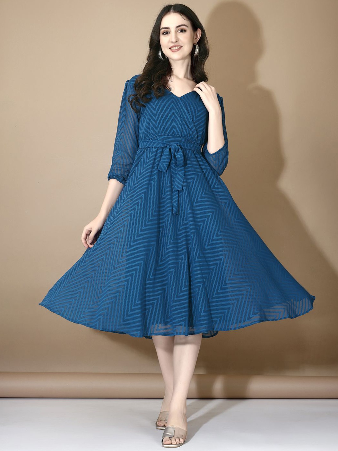 

CORSICA Polka Dot Striped Layered Georgette A-Line Midi Dress, Turquoise blue