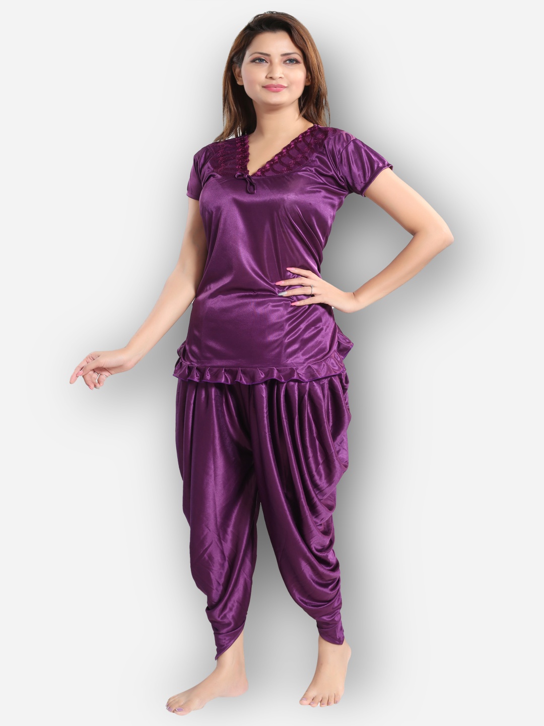 

Dreambe Women V-Neck Night suit, Purple
