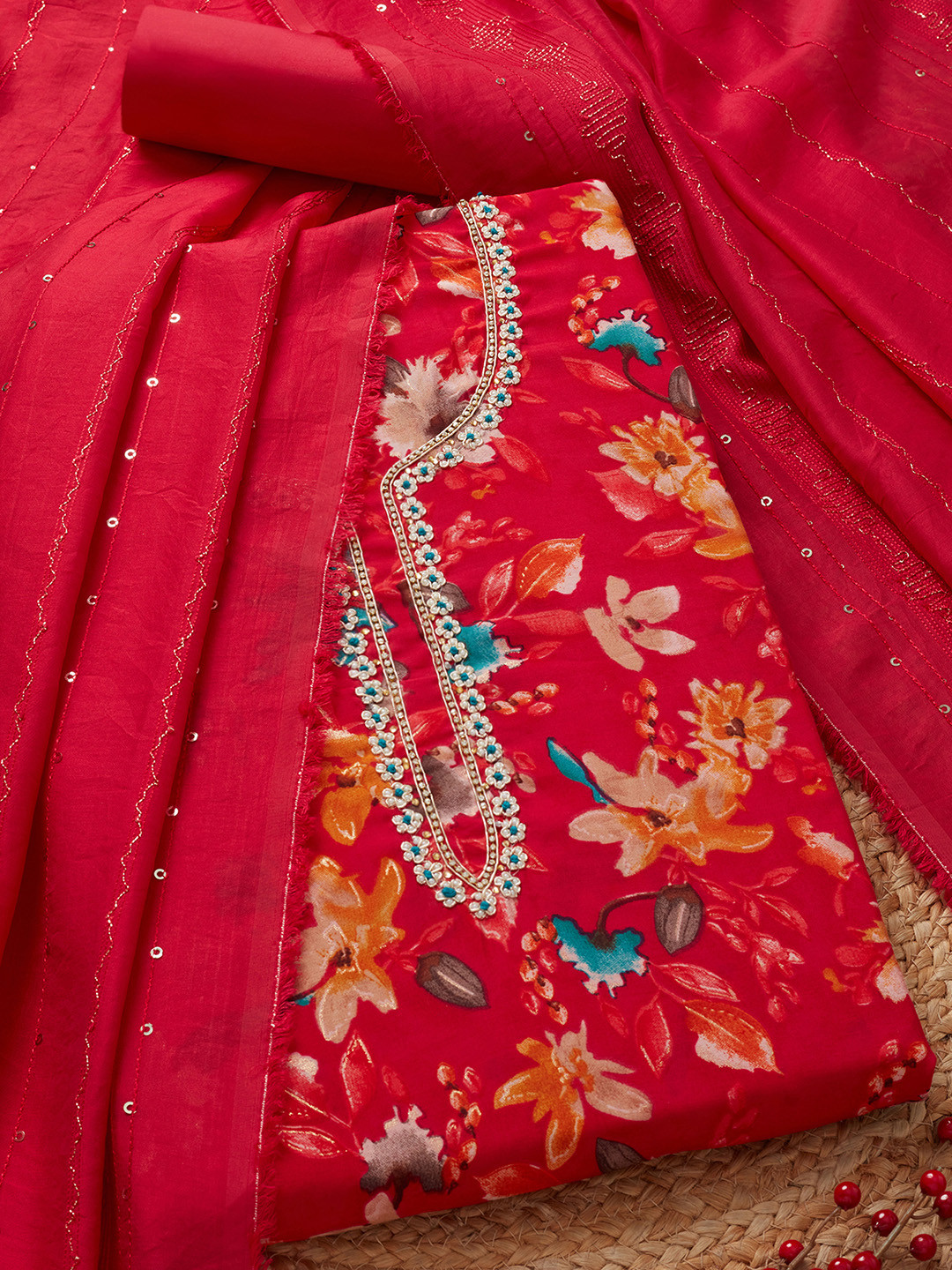 

Soch Floral Printed Beads And Stones Modal Silk Unstitched Dress Material, Red
