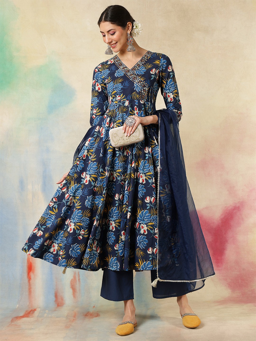 

KIMAYRA Floral Printed Pure Cotton Anarkali Kurta With Palazzos And Dupatta, Blue