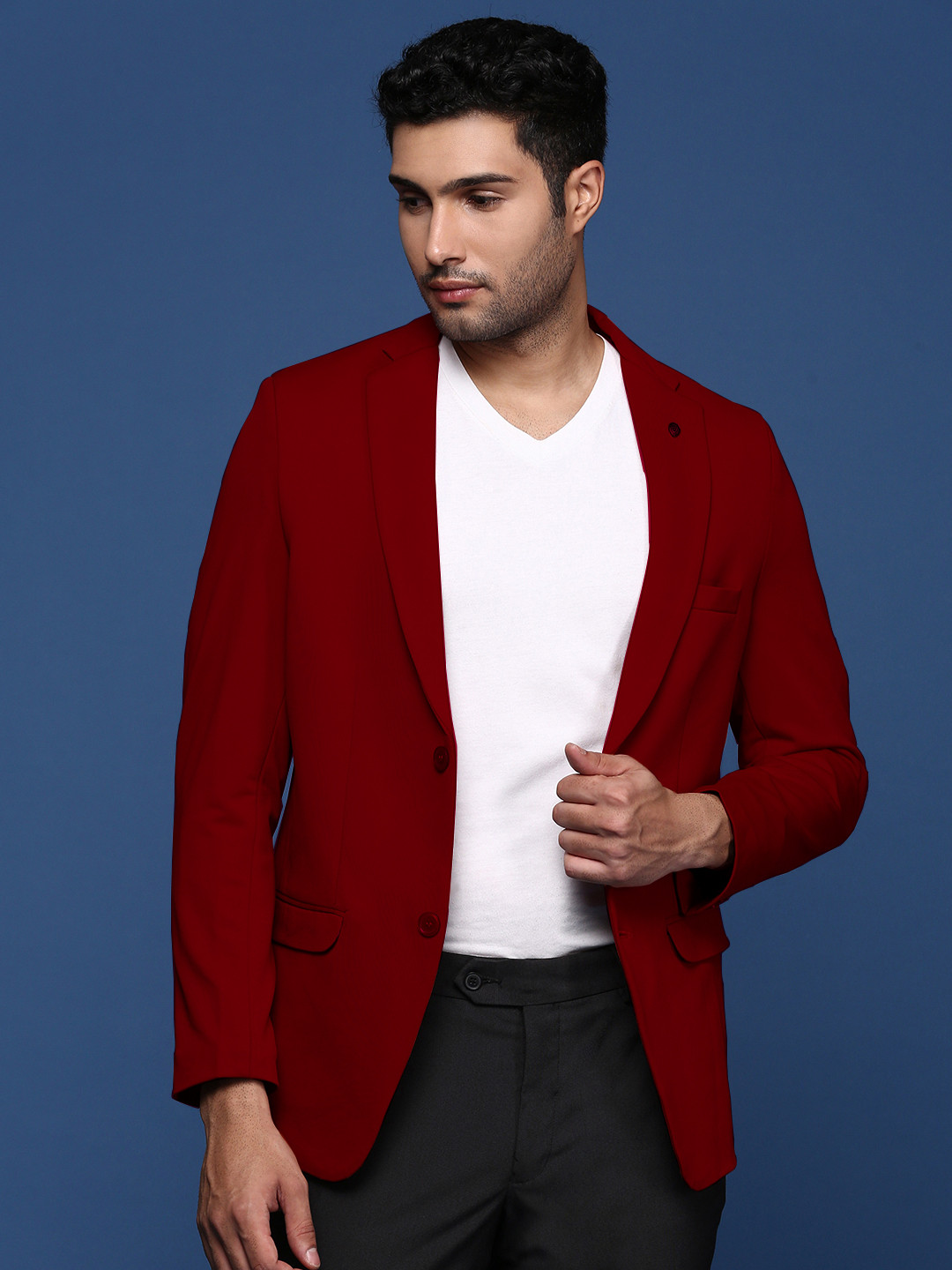

SHOWOFF Slim-Fit Notched Lapel Collar Single-Breasted Cotton Casual Blazer, Burgundy