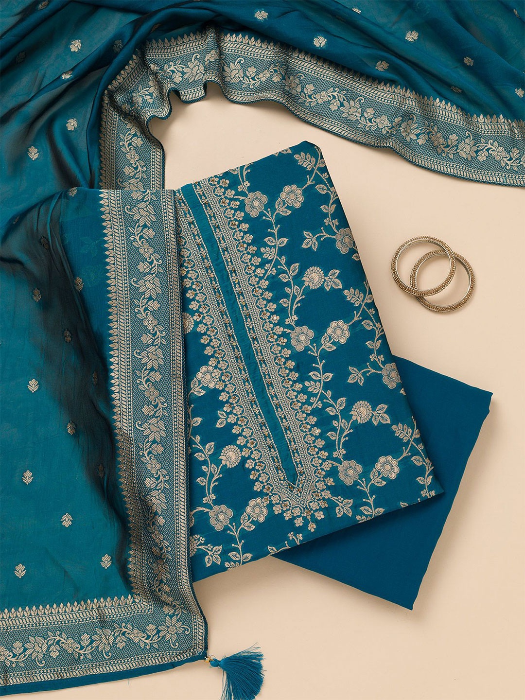 

Koskii Floral Embroidered Zariwork Satin Unstitched Salwar Suit, Blue