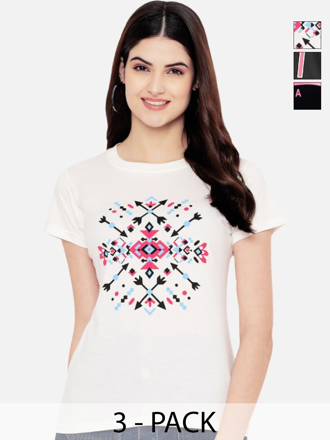 

Dreambe Women Pack Of 3 Typography Printed Round Neck Cotton T-shirts, Beige