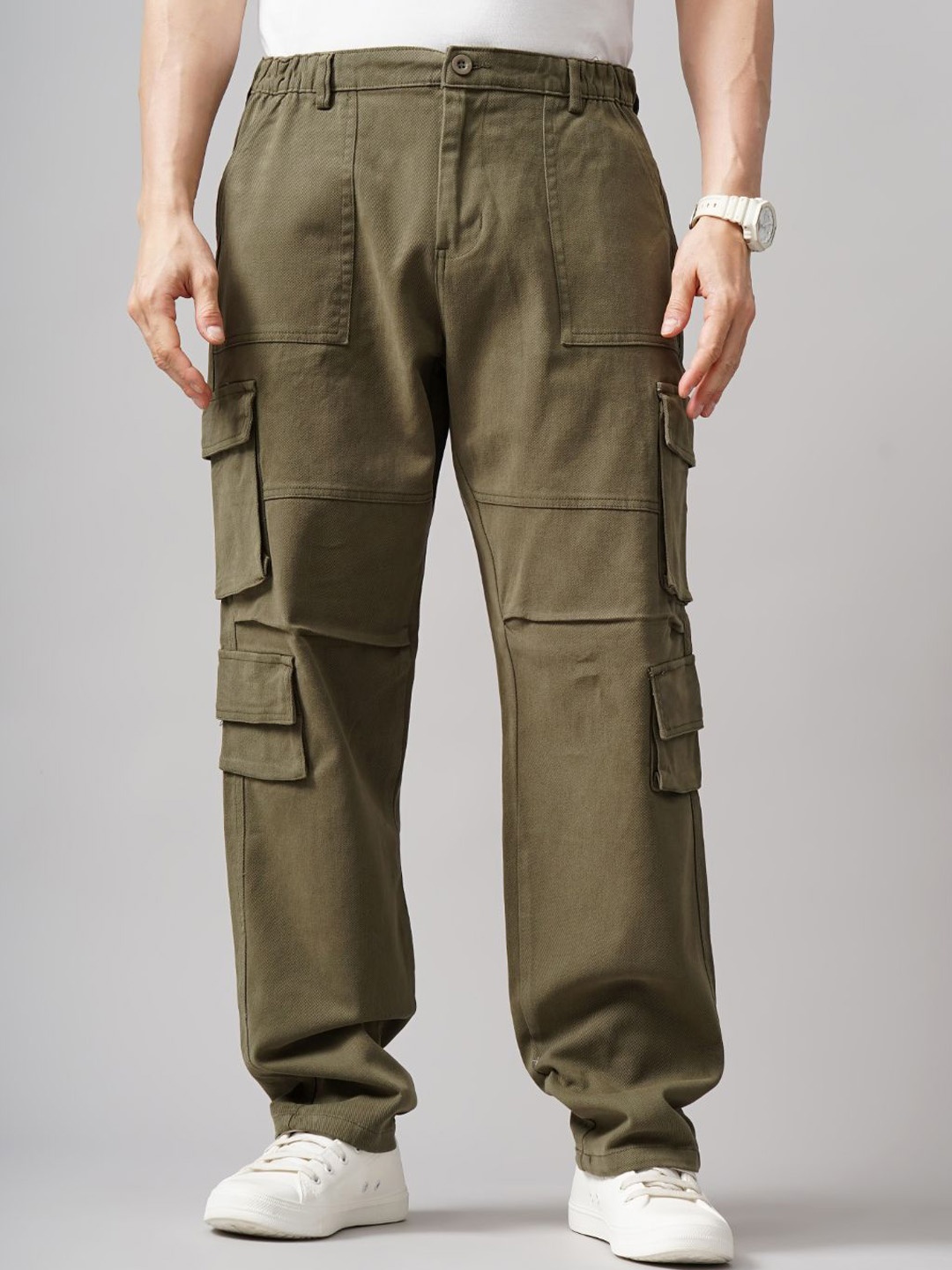 

PAUL STREET Men Relaxed Loose Fit Cargos Trousers, Olive