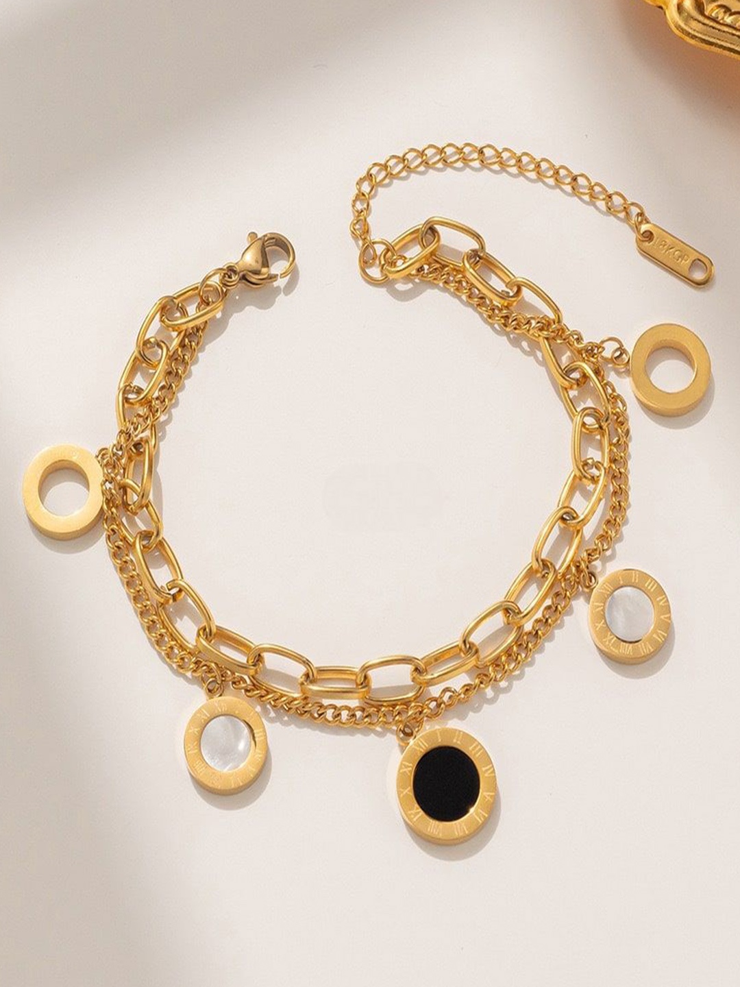 

Zabby Allen Roman Stainless Steel Gold-Plated Artificial Stones Studded Charm Bracelet