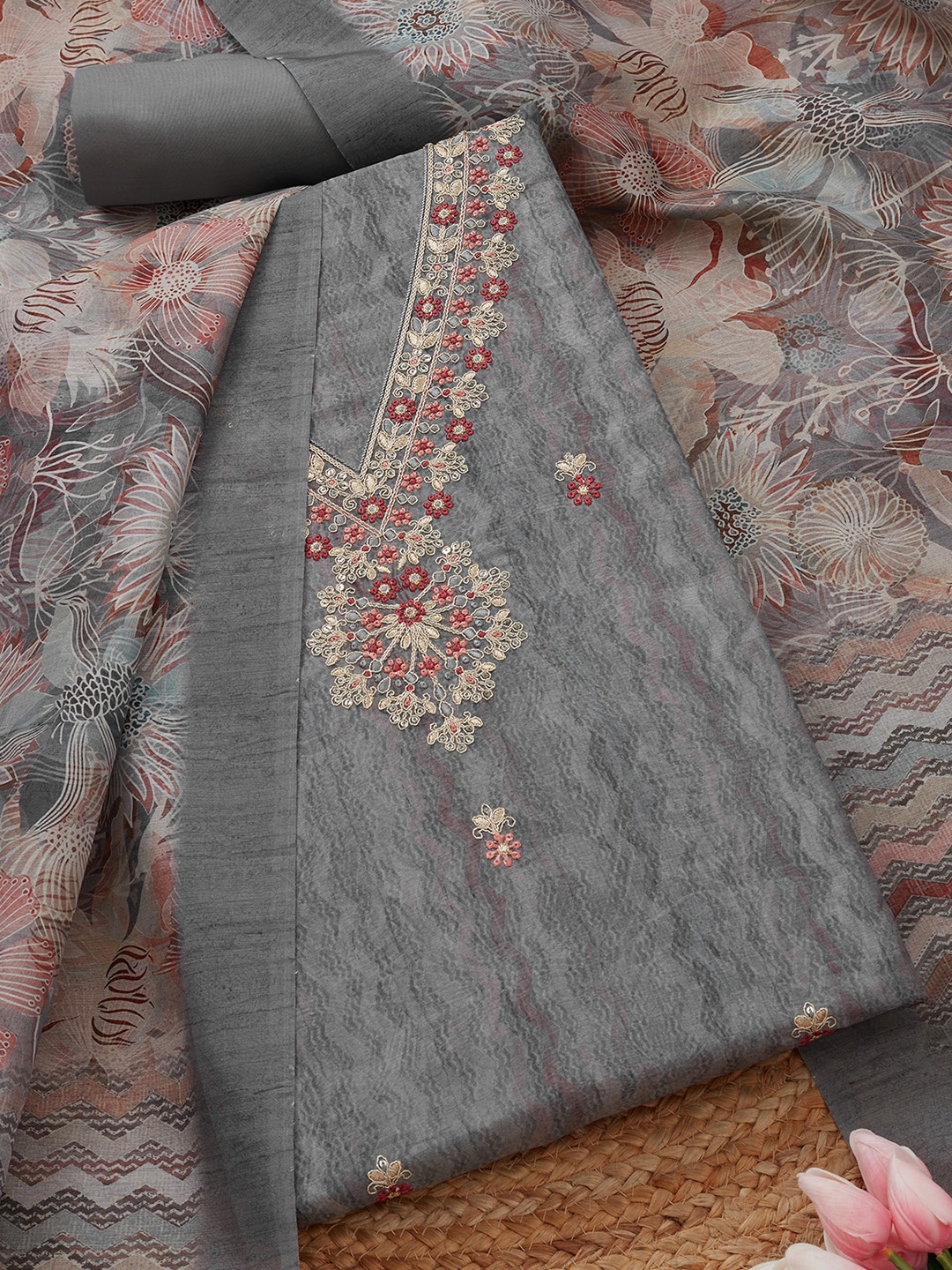 

Soch Floral Embroidered Tussar Silk Unstitched Dress Material, Grey