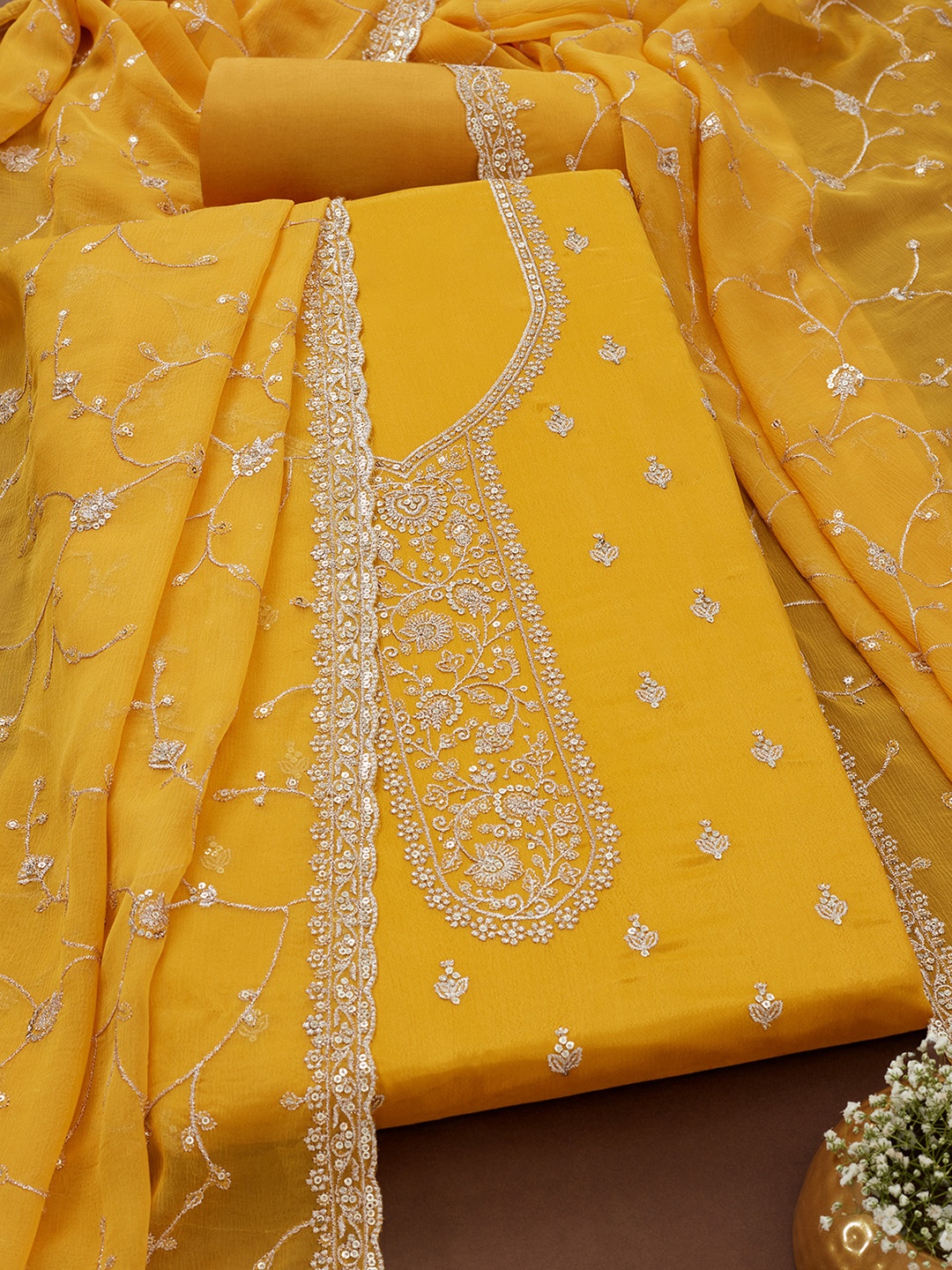 

Soch Floral Embroidered Sequinned Unstitched Dress Material, Yellow