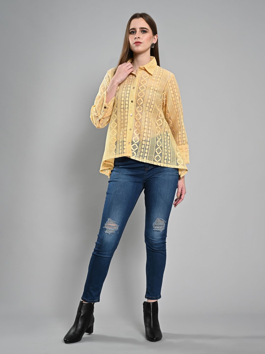 

Iti Women Relaxed Fit Spread Collar Textured Casual Shirt, Yellow