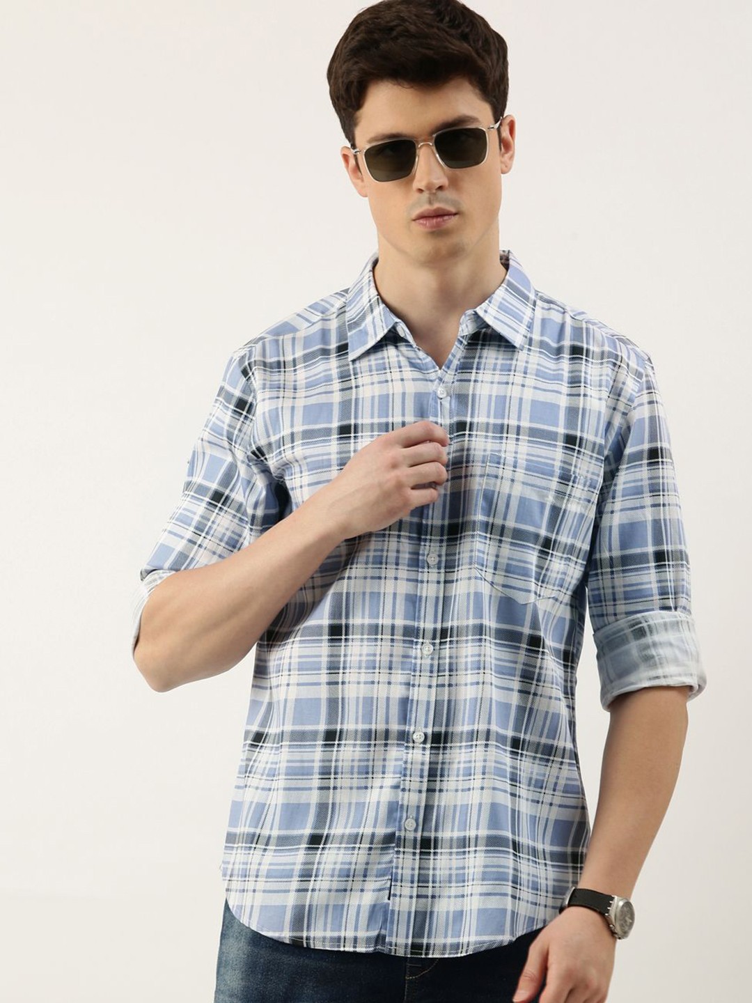 

Metronaut Men Slim Fit Spread Collar Tartan Checked Cotton Casual Shirt, Blue