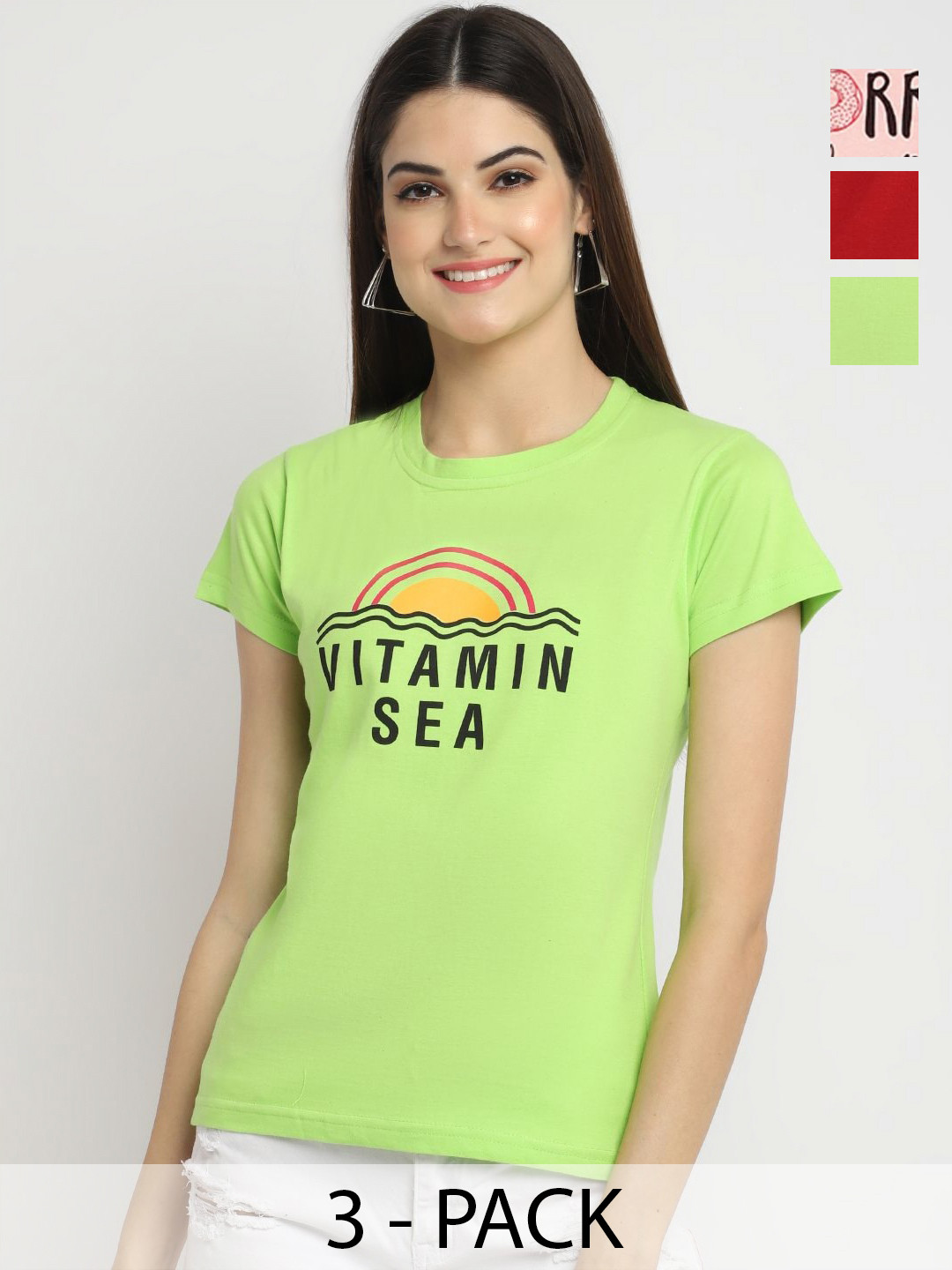 

Dreambe Women Pack Of 3 Typography Printed Round Neck Cotton T-shirts, Green