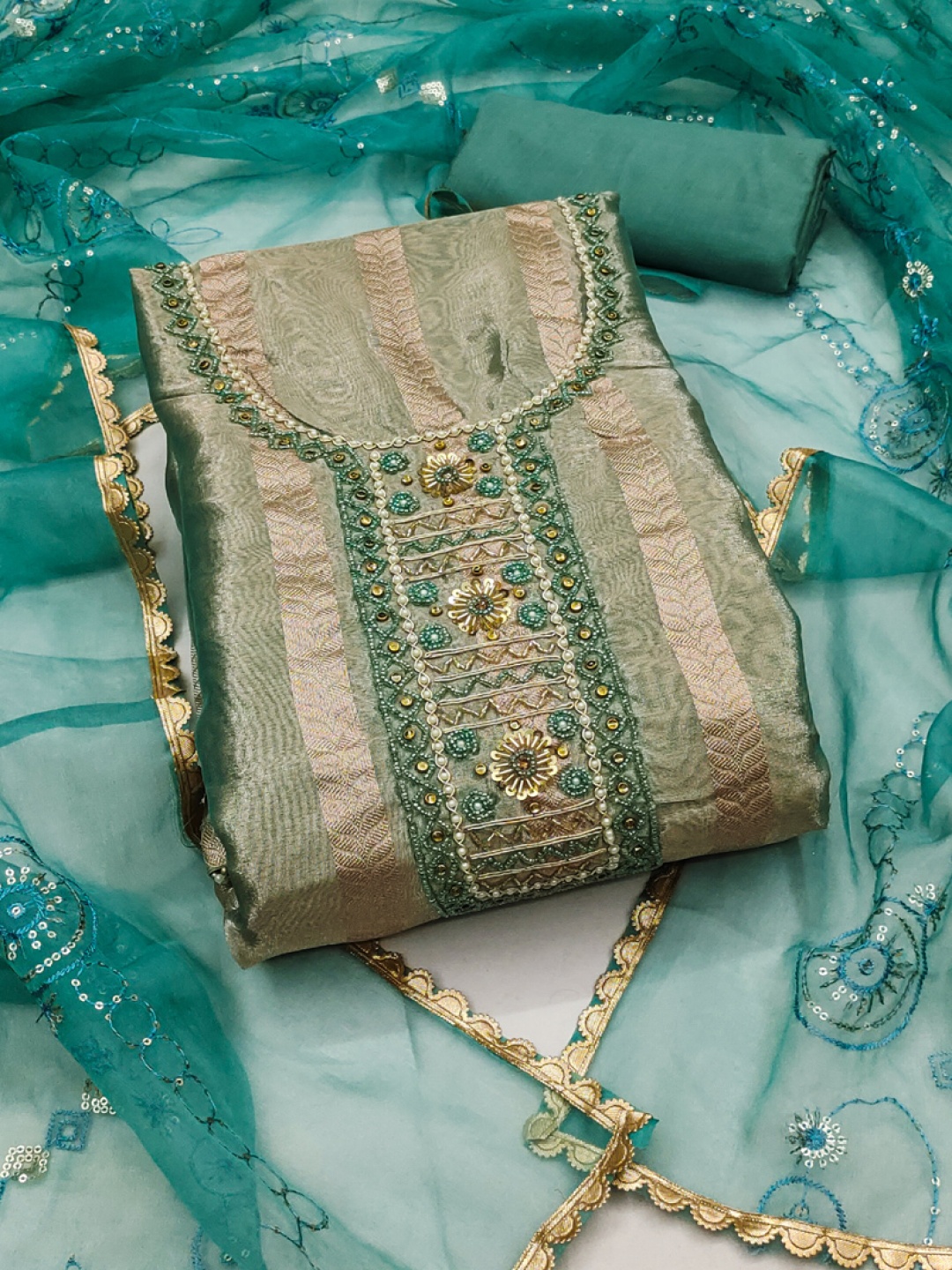 

ASISA Ethnic Motifs Printed Sequined Embellished Unstitched Dress Material, Sea green