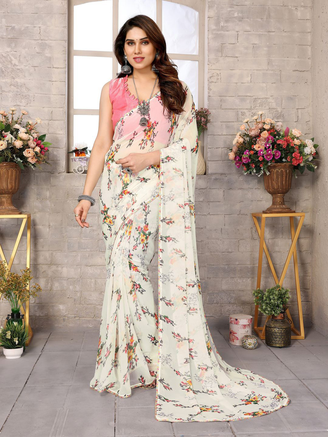 

DIVASTRI Women Floral Printed Pure Georgette Ready to Wear Saree, Cream