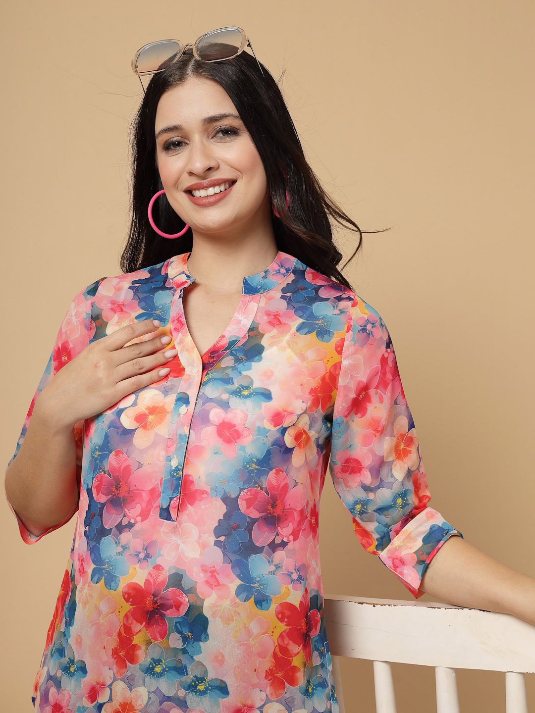 

RAASSIO Women Floral Printed Kurti, Blue