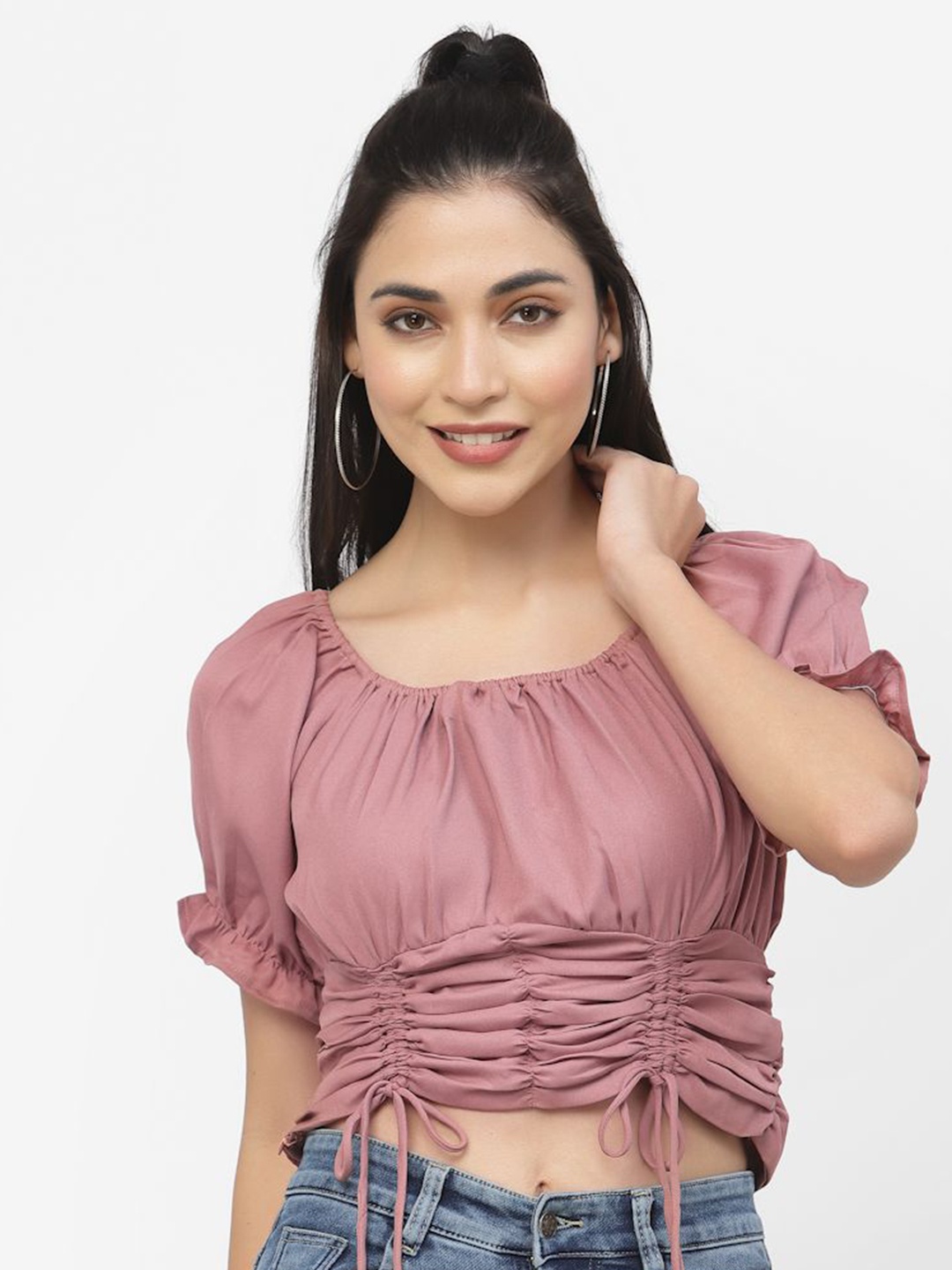 

DELIS Solid Puff Sleeves Waist Tie-Ups Crop Top, Pink