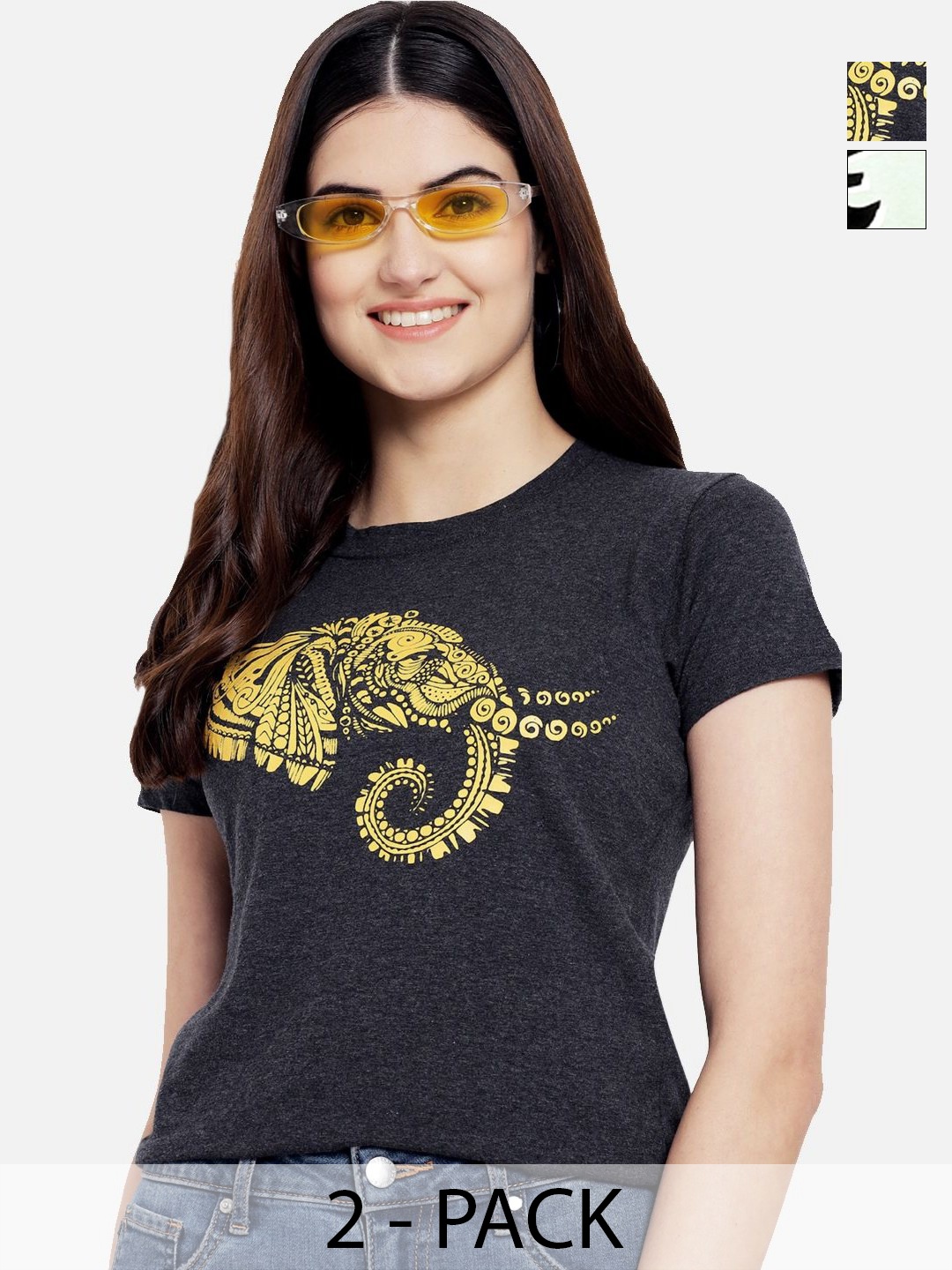 

Dreambe Women Pack Of 2 Graphic Printed Round Neck Cotton T-shirts, Charcoal