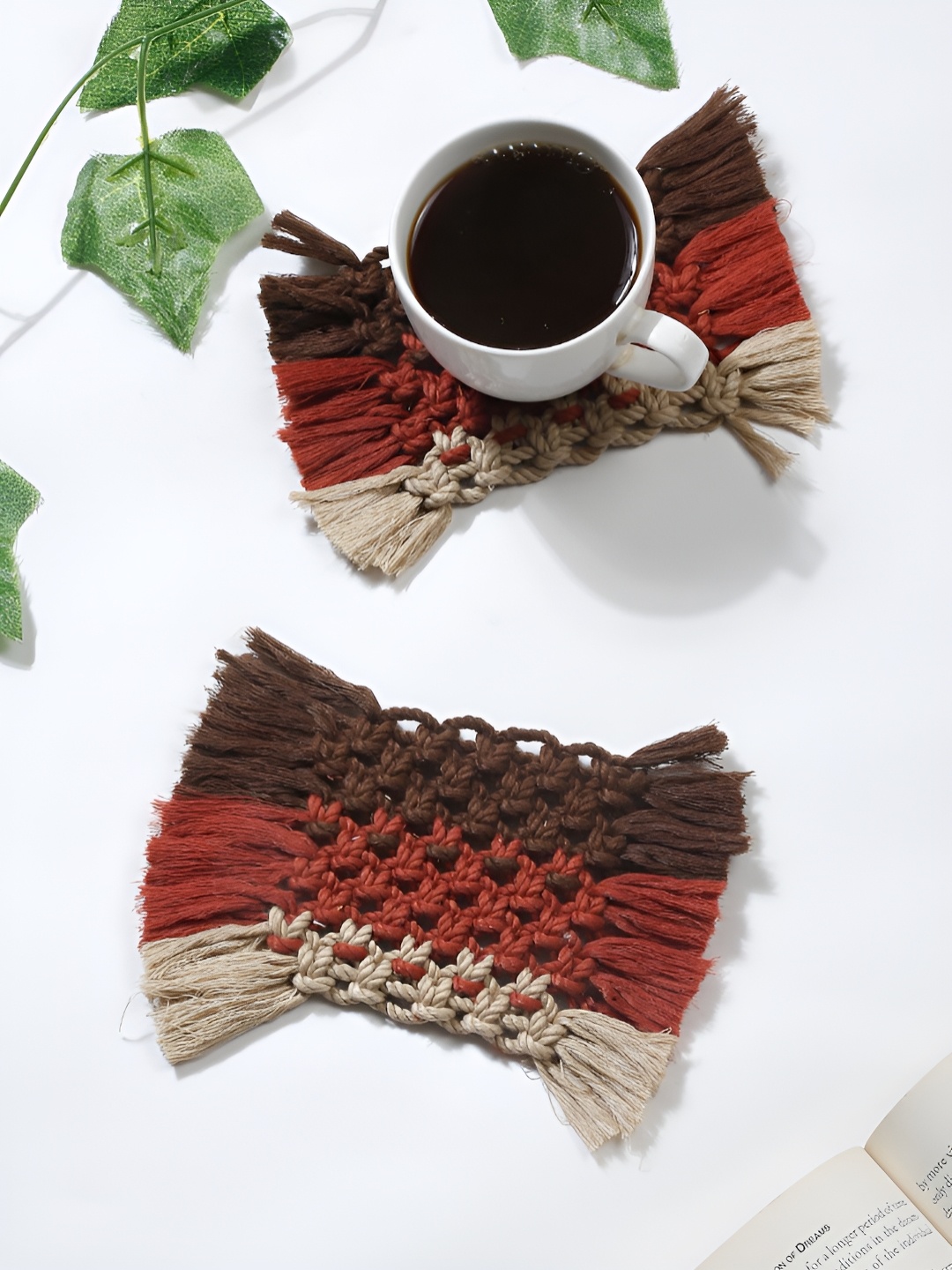 

My Creative Hut Beige and Red 2 Pcs Square Shape Macrame Coasters, Brown