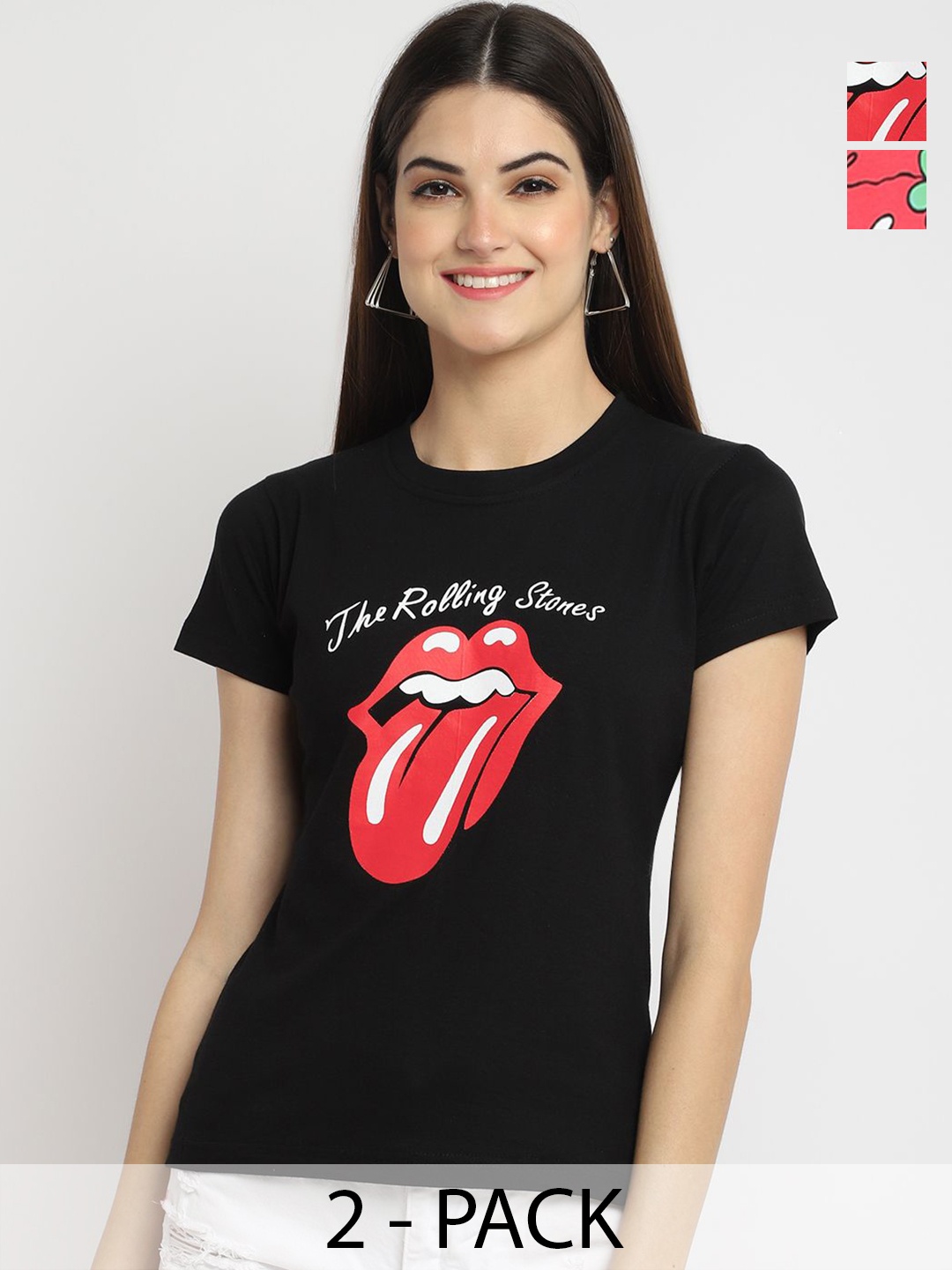 

Dreambe Women Pack Of 2 Graphic Printed Round Neck Cotton T-shirts, Black