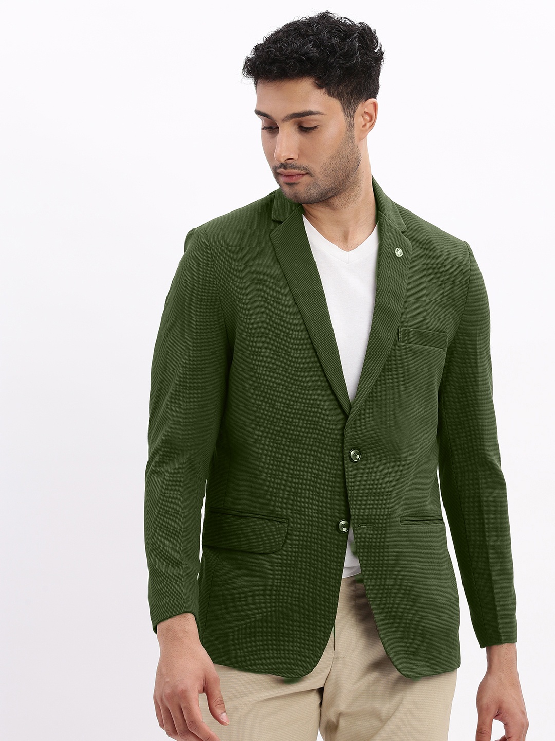 

SHOWOFF Notched Lapel Slim-Fit Cotton Single-Breasted Blazer, Green