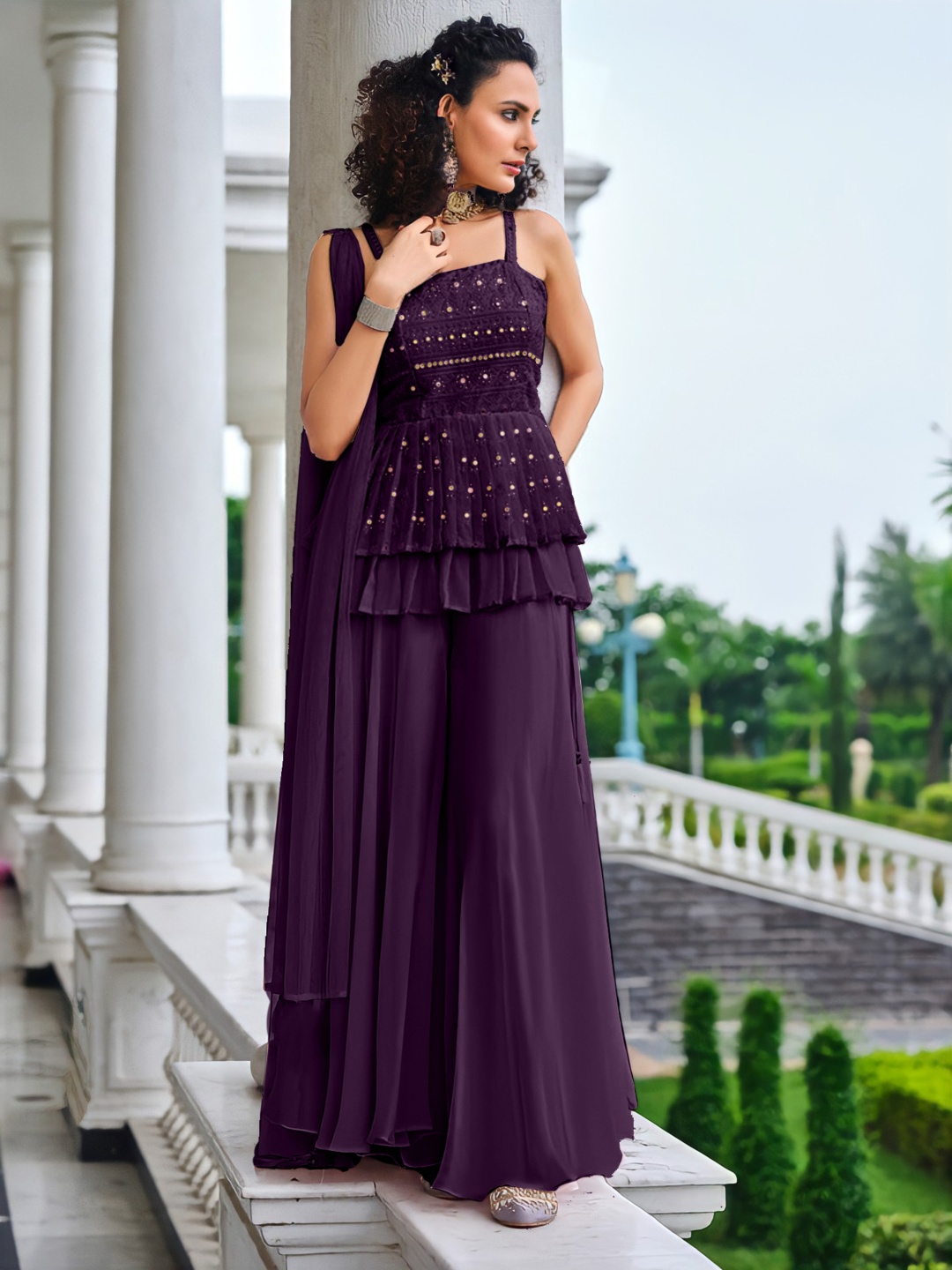 

SANCIA Shoulder Straps Embroidered Georgette Ethnic Tunic With Palazzos & Dupatta, Purple