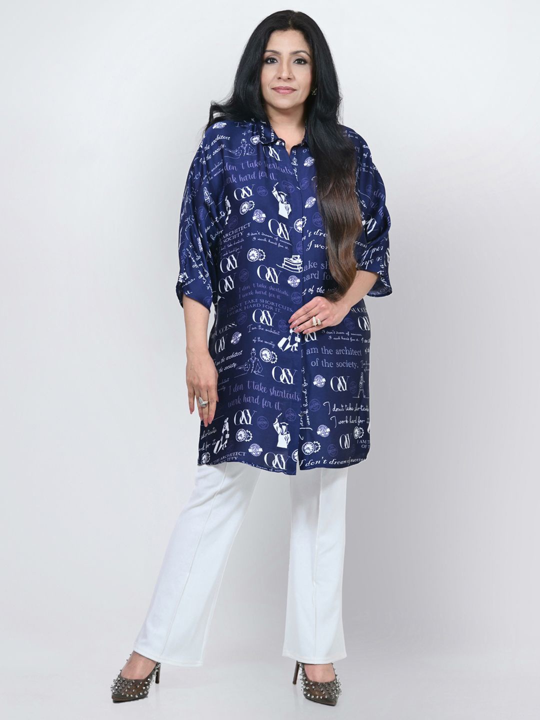 

OFFICE & YOU Women Relaxed Fit Spread Collar Typography Printed Satin Casual Shirt, Blue