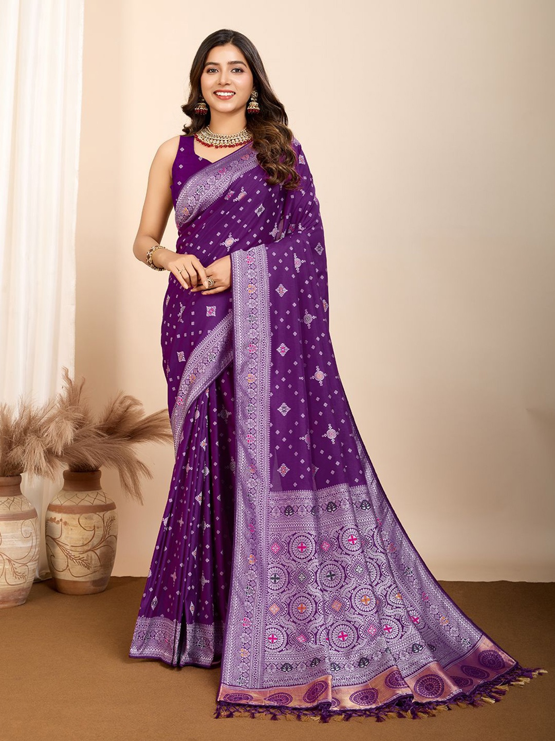 

HEER FASHION Woven Design Saree, Purple