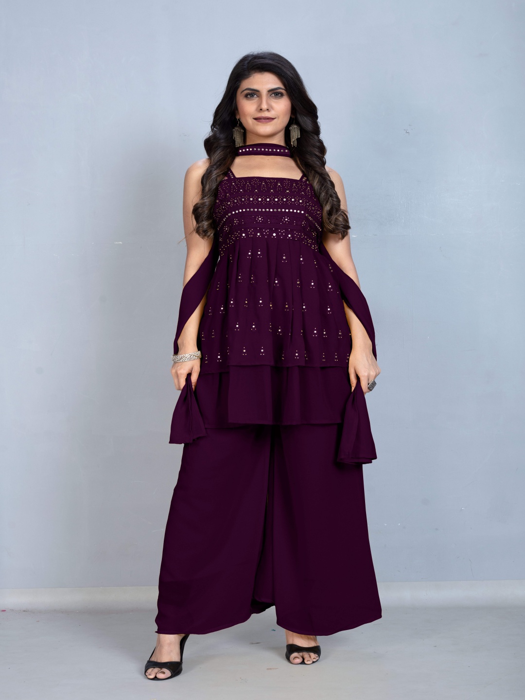 

SANCIA Floral Embroidered Sequinned A-Line Kurta With Palazzos And Dupatta, Purple