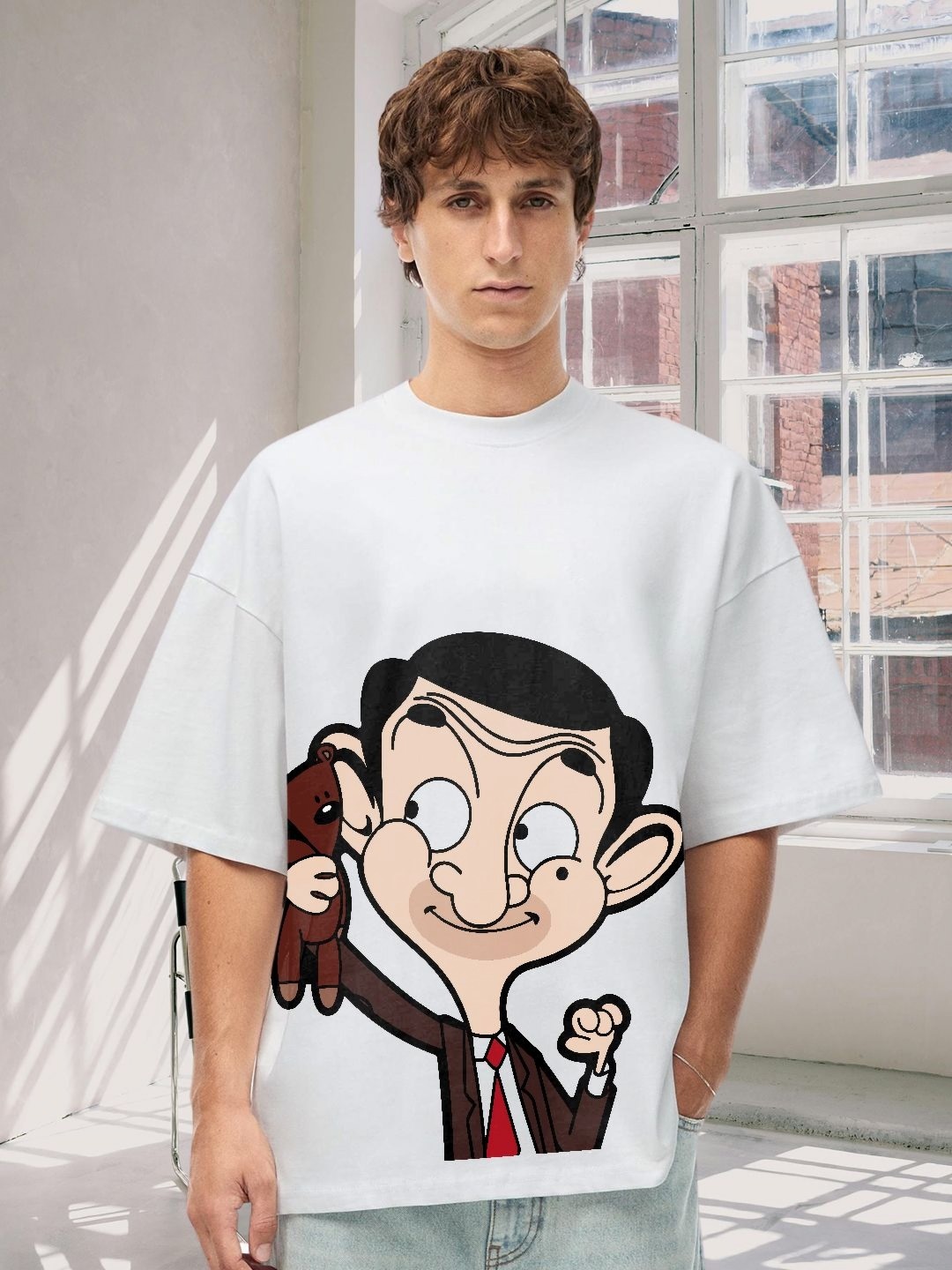 

PRONK Men Mr Bean Graphic Printed Round Neck Cotton Oversized T-shirt, White
