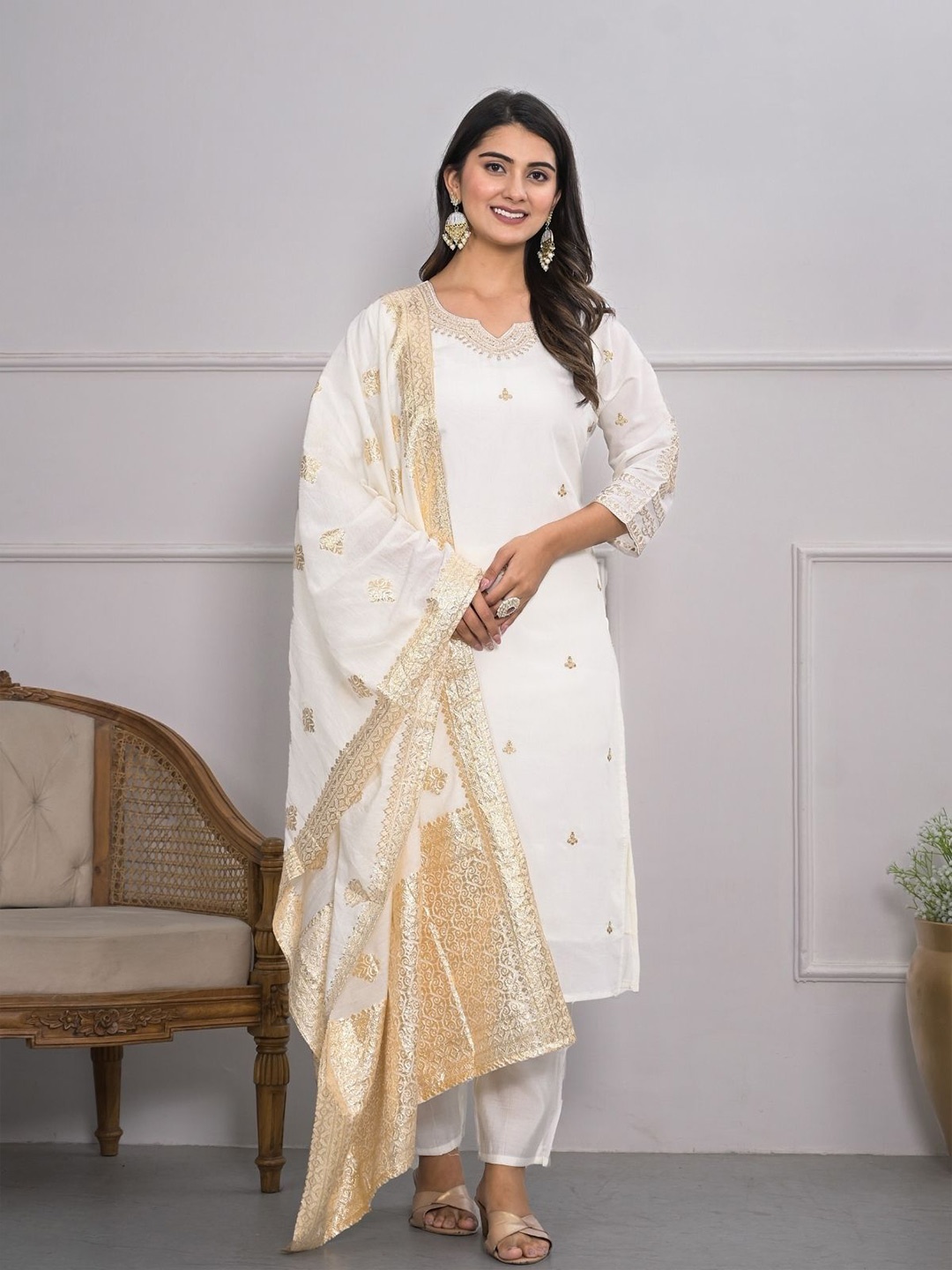 

ODETTE Floral Embroidered Sequinned Straight Kurta with Trousers & Dupatta, White
