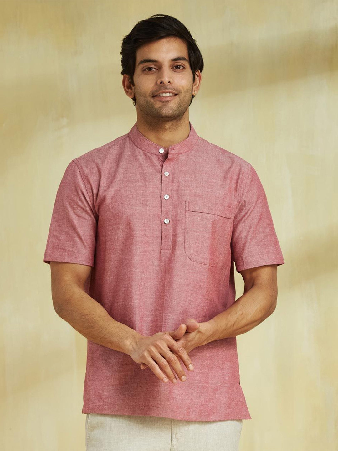 

Fabindia Men Relaxed Fit Band Collar Solid Cotton Casual Shirt, Pink