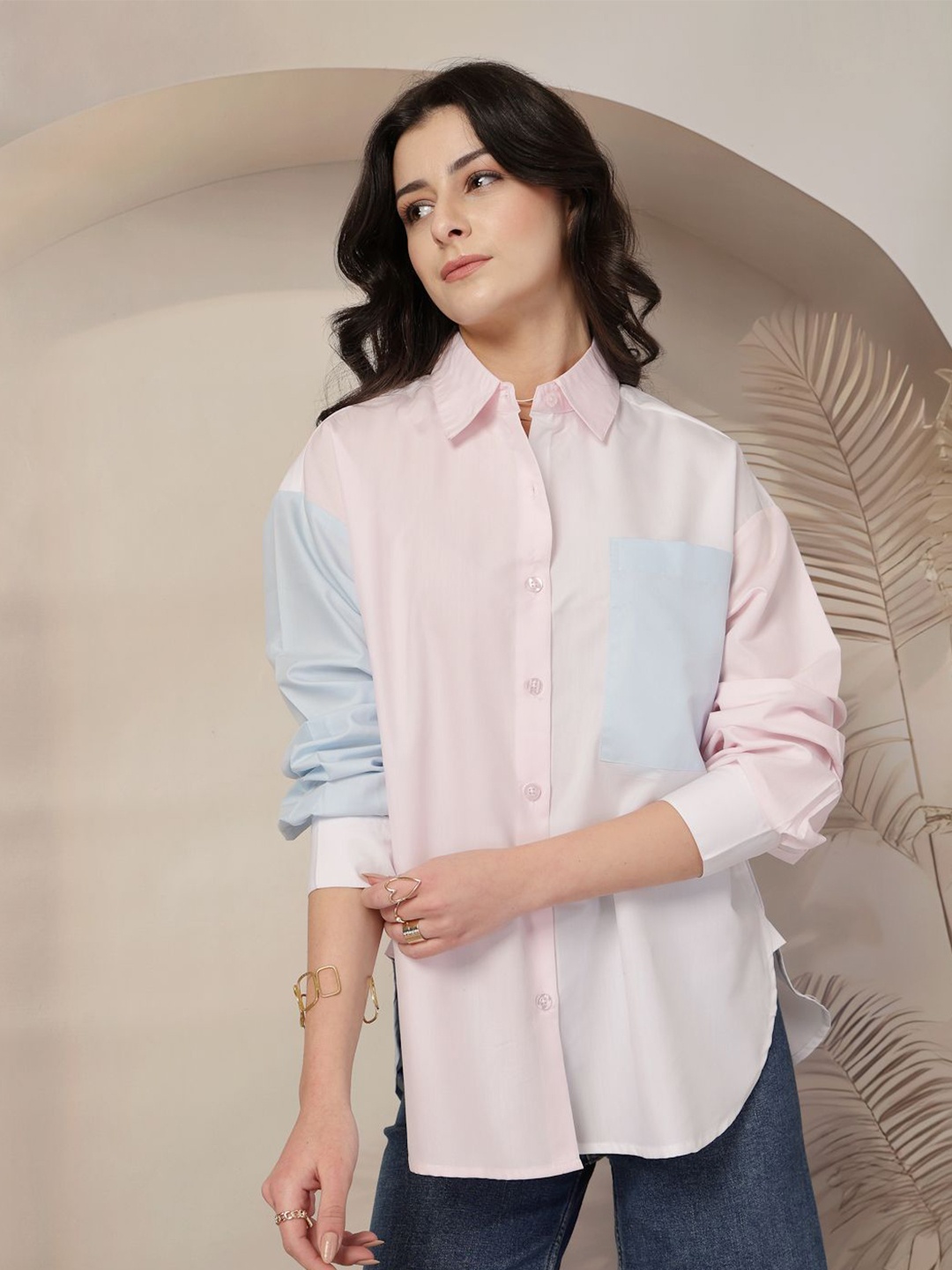 

Style Quotient Women Classic Opaque Colourblocked Casual Shirt, Pink