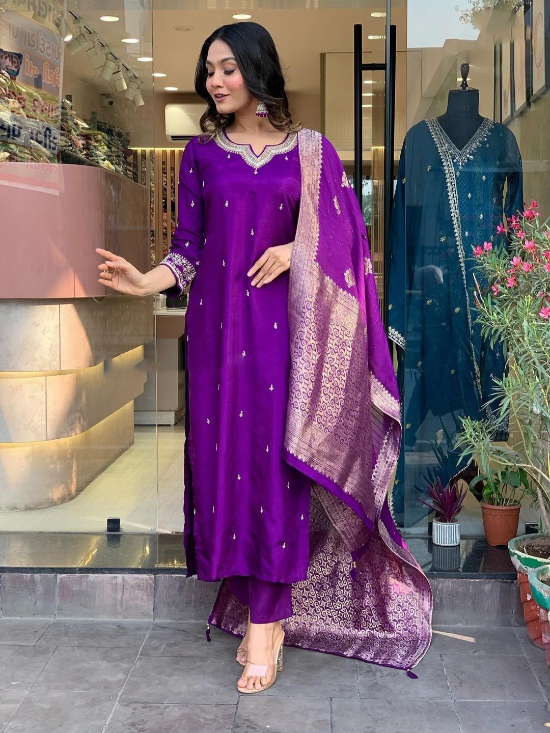 

Fashion Ritmo Floral Embroidered Beads And Stones Straight Kurta With Trouser And Dupatta, Purple