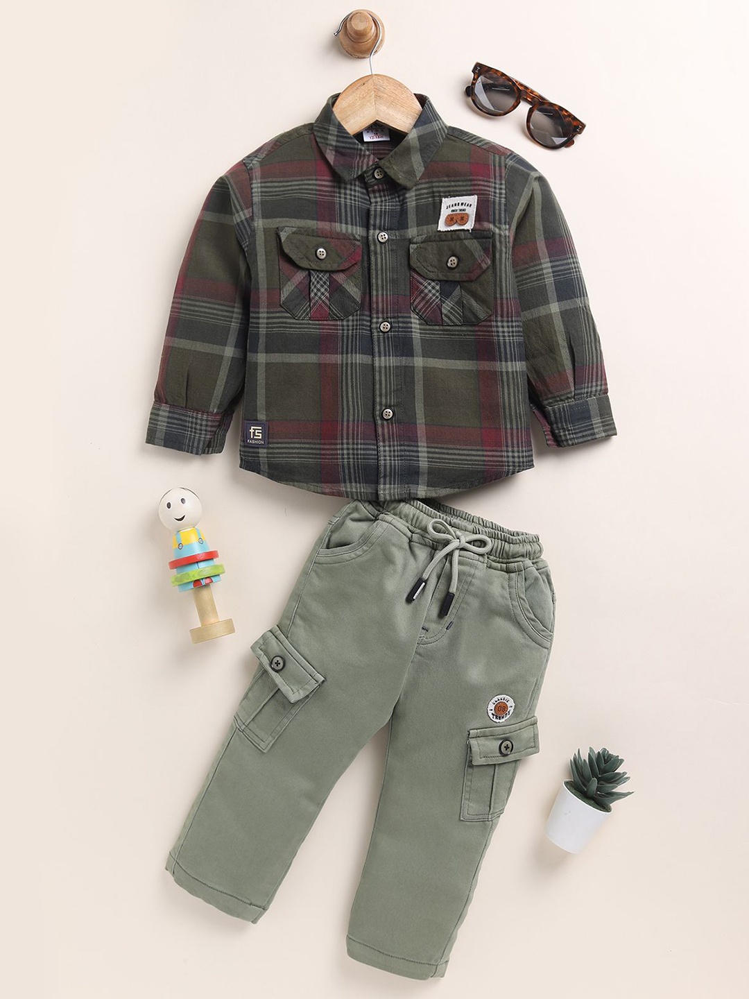 

Annie Boys Checked Pure Cotton Shirt With Trouser, Green
