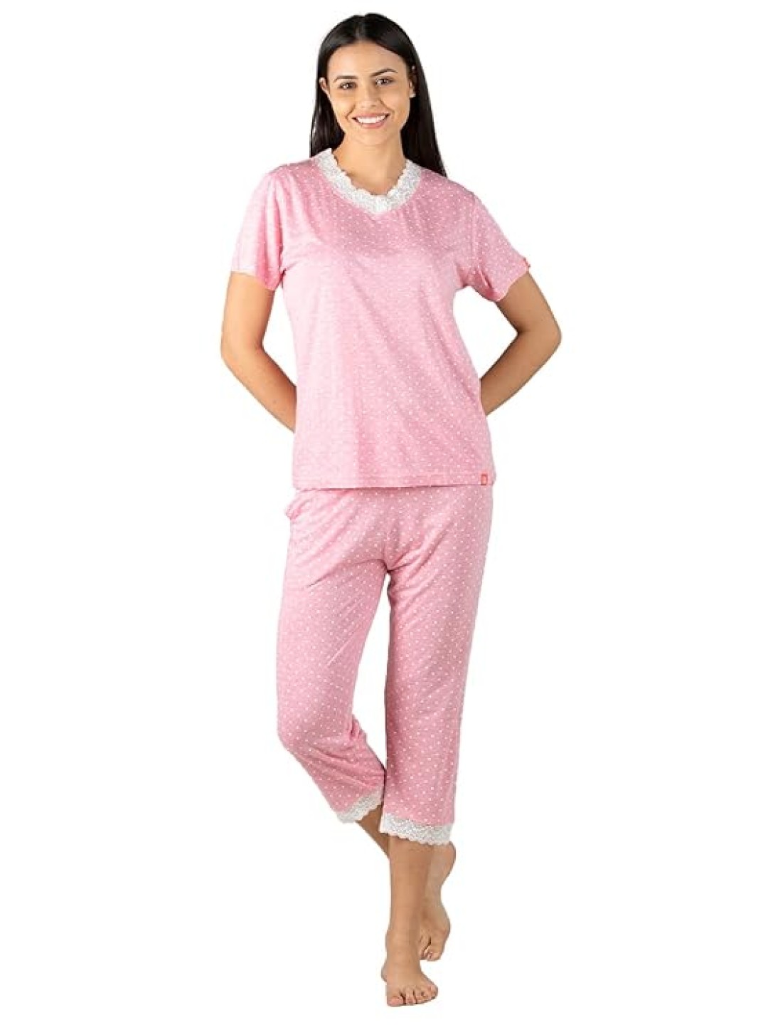 

evolove Women Printed Top and Capris Pure Cotton Night suit, Pink
