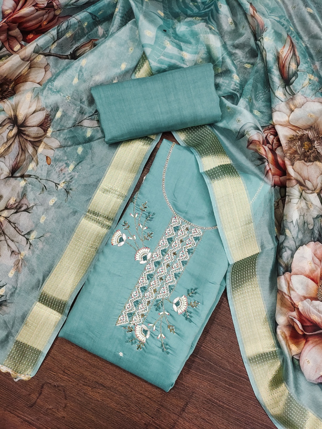 

ASISA Floral Embroidered Beads And Stones Unstitched Dress Material, Turquoise blue