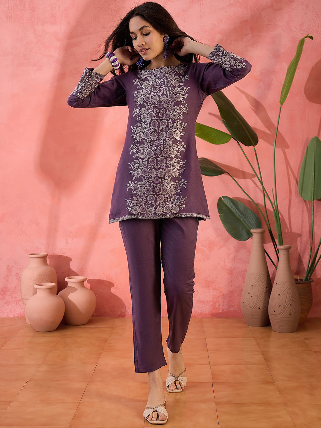 

Sangria Self Design Tunic With Trousers Co-Ords, Purple
