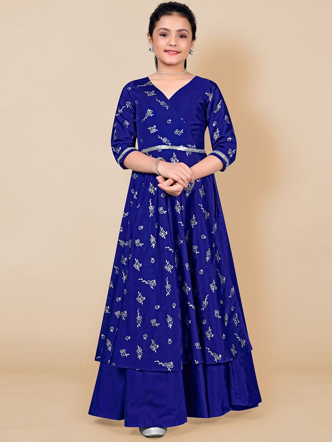 

Sangria Girls Foil Printed Fit & Flare Maxi Ethnic Dresses, Blue