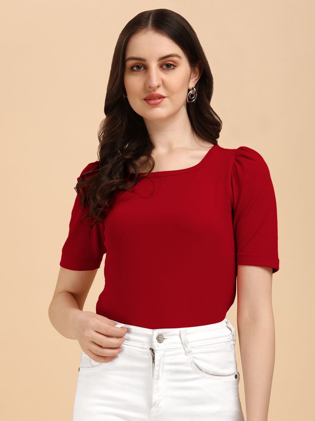 

CORSICA Square Neck Short Regular Sleeves Top, Maroon