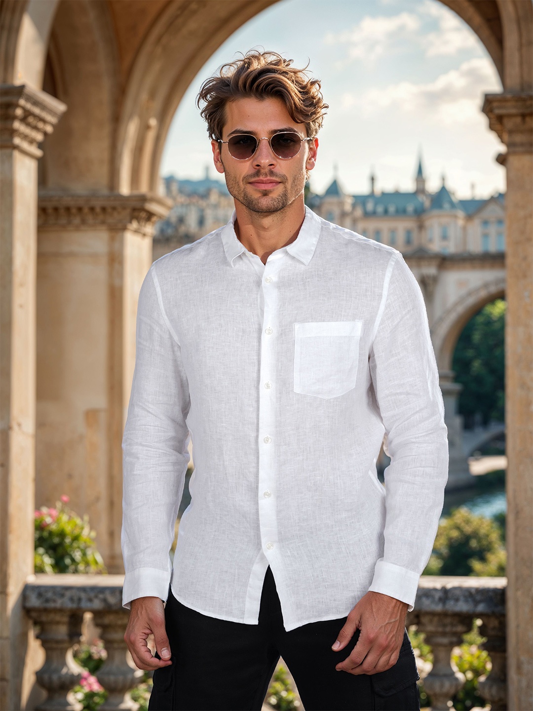 

Celio Men Classic Fit Spread Collar Solid Linen Casual Shirt, White