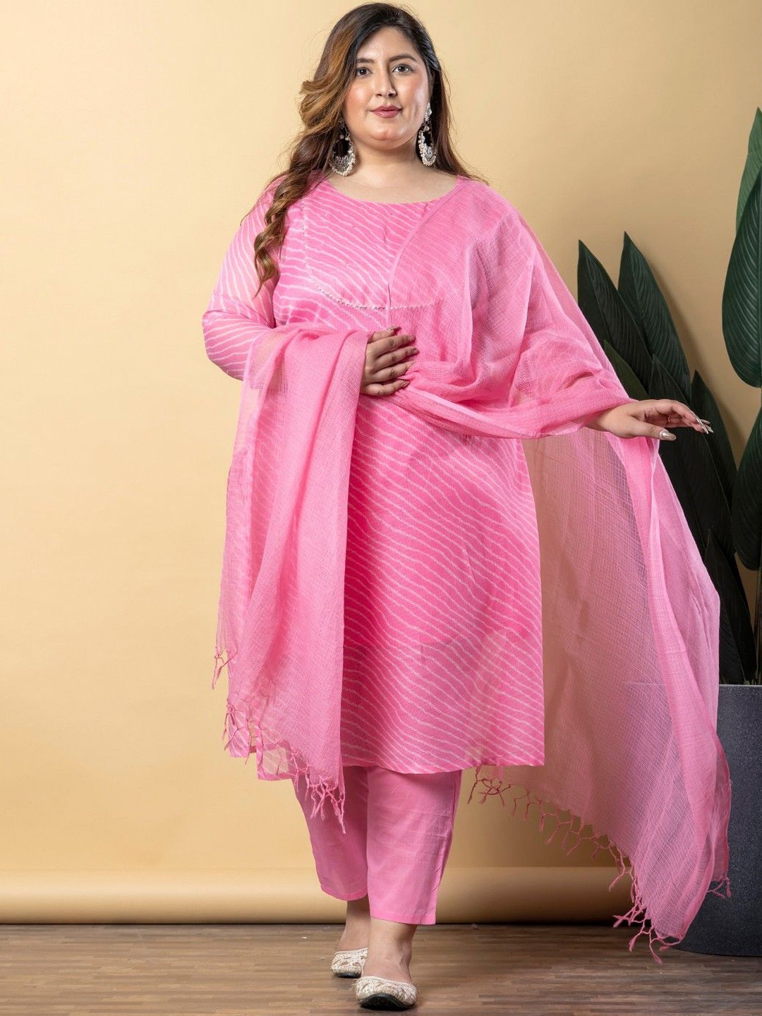 

Readiprint Women Leheriya Printed Regular Mirror Work Pure Cotton Kurta with Palazzos & With Dupatta, Pink