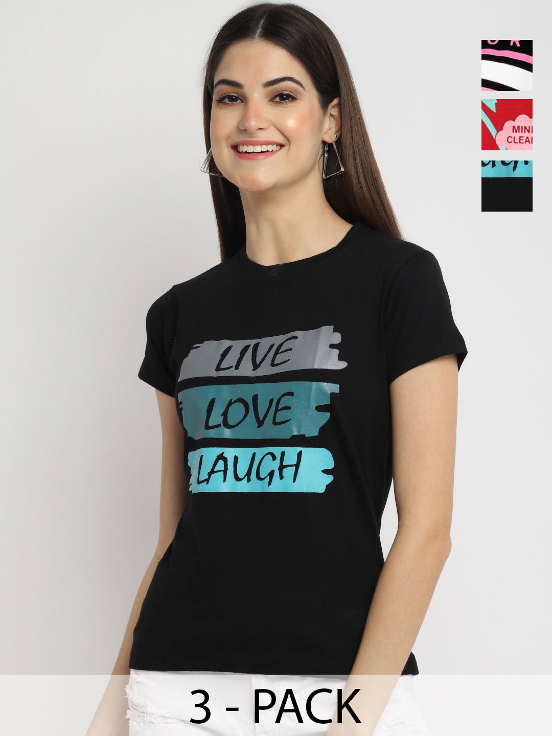 

Dreambe Women Pack Of 3 Typography Printed Round Neck Cotton T-shirts, Black