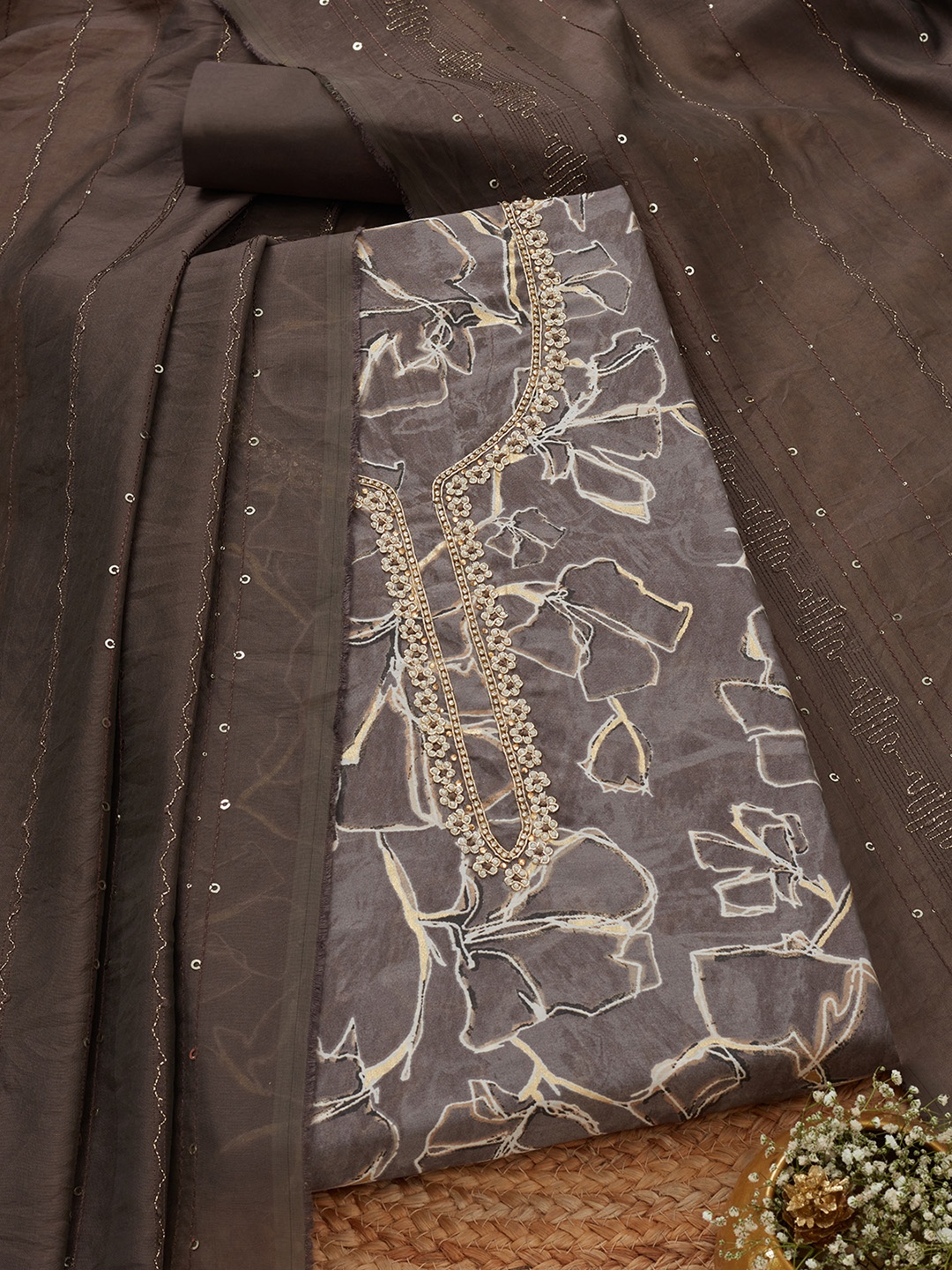 

Soch Floral Embroidered Beads And Stones Modal Silk Unstitched Dress Material, Grey