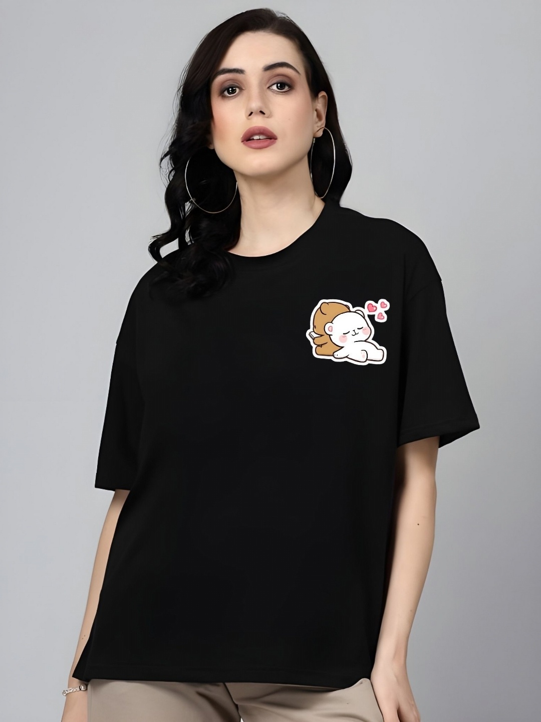 

TRENDSATTIRE Women Graphic Printed Round Neck Cotton Oversized T-shirt, Black
