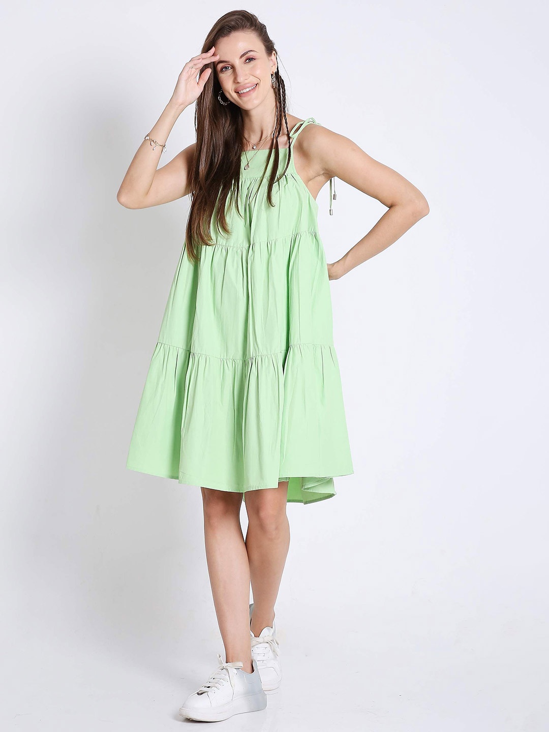 

French Theory Women Cotton Shoulder Straps A-Line Dress, Lime green