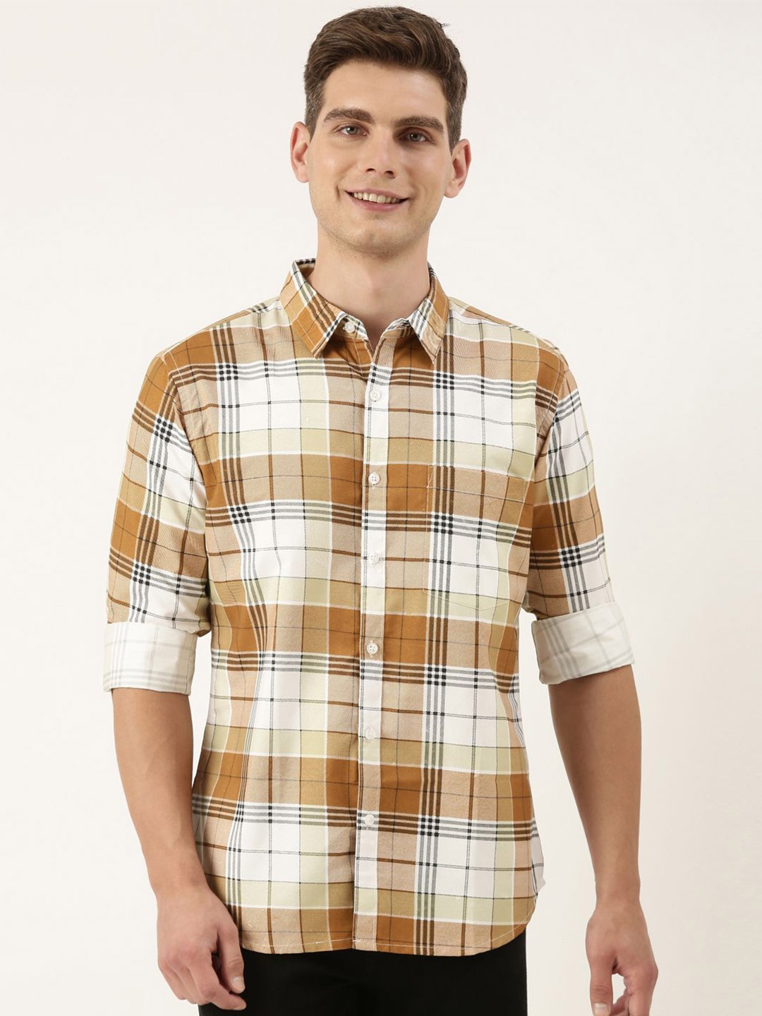 

Metronaut Men Spread Collar Tartan Checked Cotton Casual Shirt, Orange