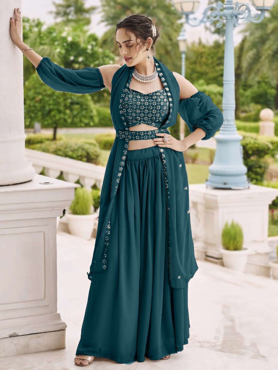 

SANCIA Floral Embroidered Sequins Top With Palazzos And Dupatta With Detachable Sleeves, Teal